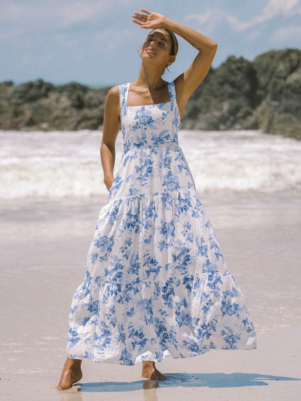 Blue White Floral Wide-Strap Maxi Dress – Summer Resort Style - Image 5
