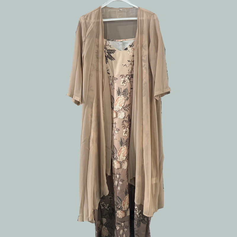 Elegant Embroidered Two-Piece Maxi Dress Set – Floral Slip Dress with Long Cardigan - Image 4