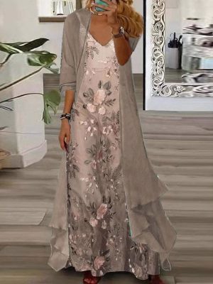 Elegant Embroidered Two-Piece Maxi Dress Set – Floral Slip Dress with Long Cardigan