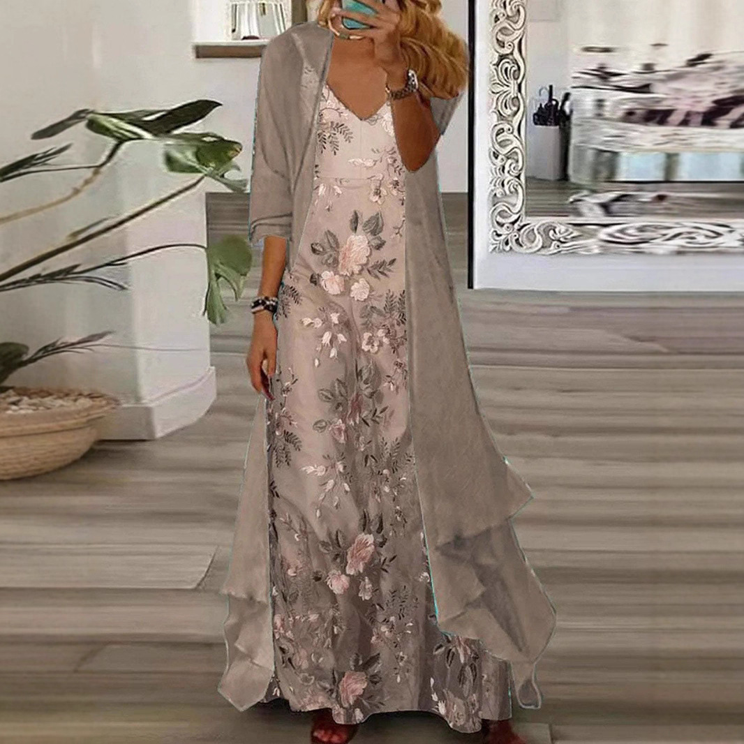 Elegant Embroidered Two-Piece Maxi Dress Set – Floral Slip Dress with Long Cardigan