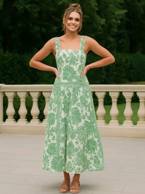 Green Floral Wide-Strap Maxi Dress – Summer Flowy Dress